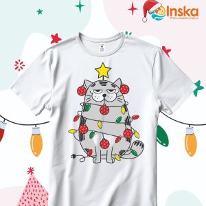 Playera Poliester Blanca Navideña Gato Navideño