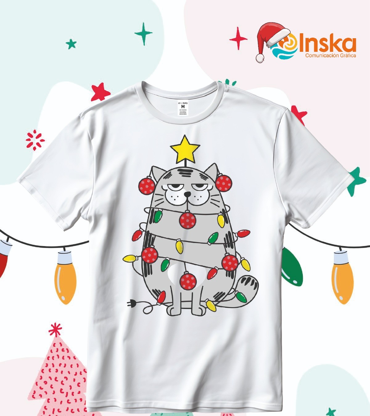 Playera Poliester Blanca Navideña Gato Navideño
