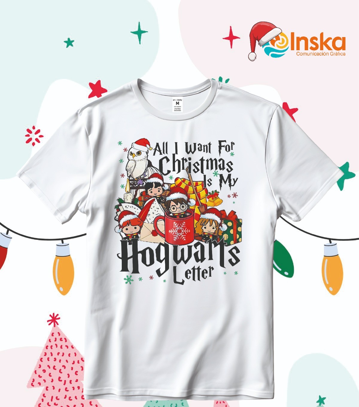 Playera Poliester Blanca Navideña Hogwarts