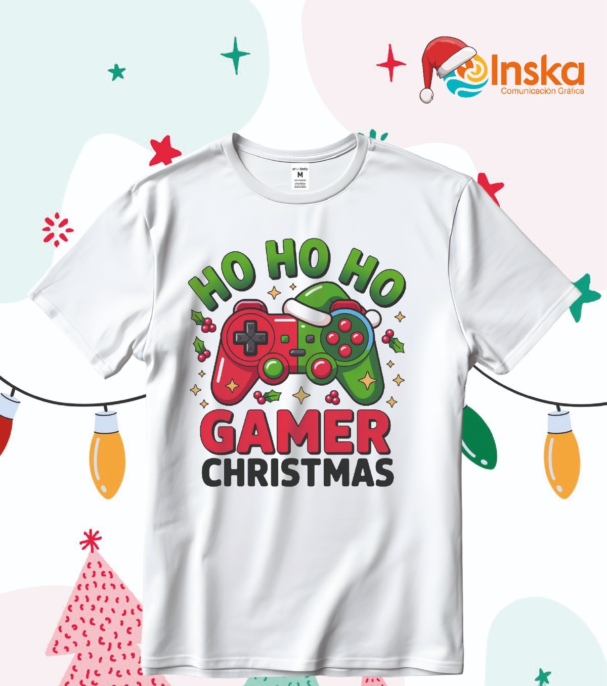 Playera Poliester Blanca Navideña Gamer