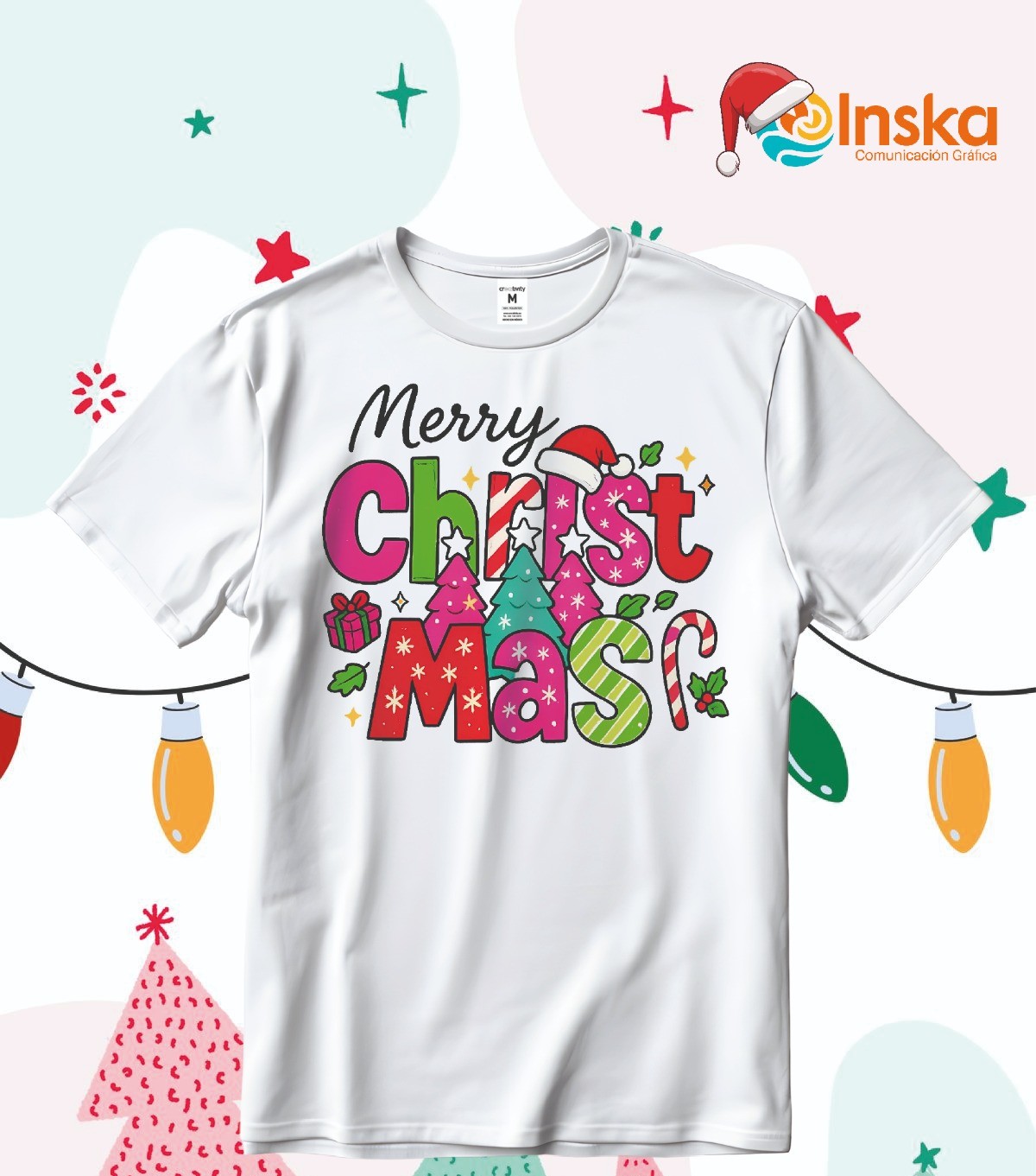 Playera Poliester Blanca Navideña Merry Christmas