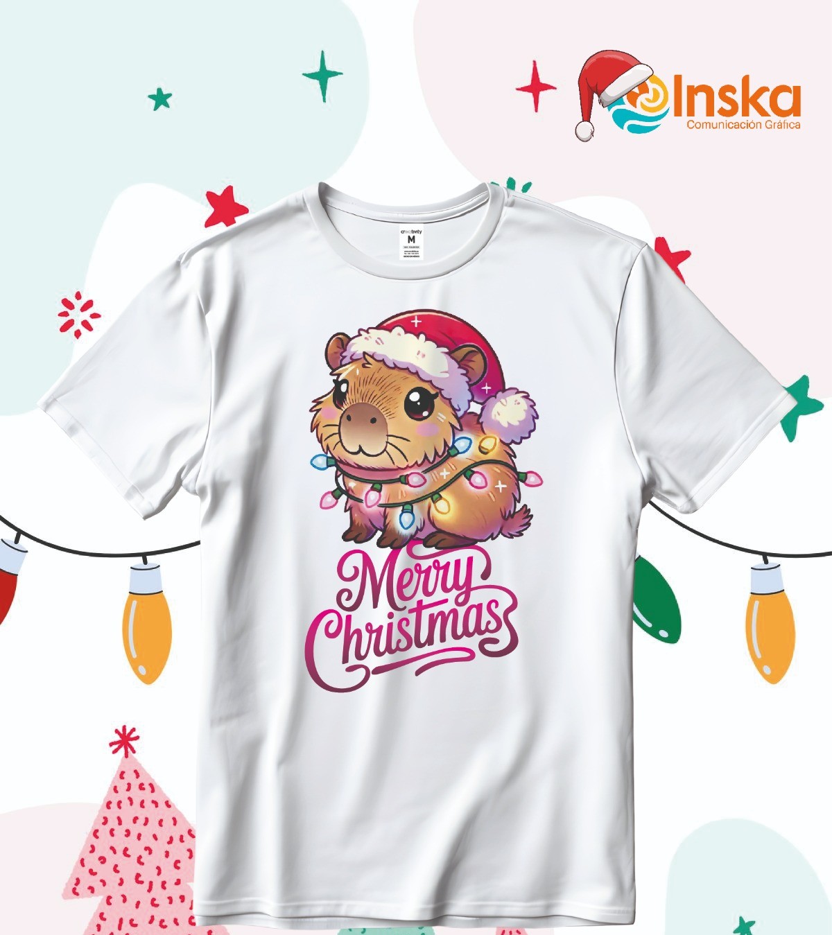 Playera Poliester Blanca Navideña Capibara
