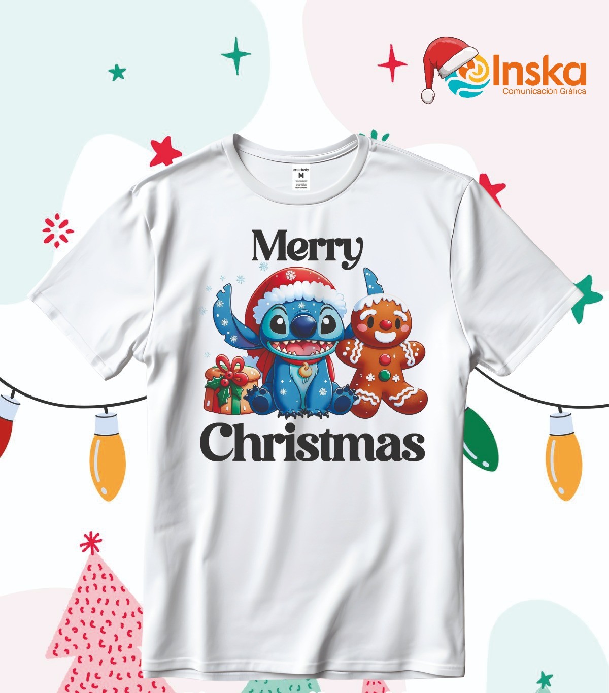Playera Poliester Blanca Navideña Stitch 2