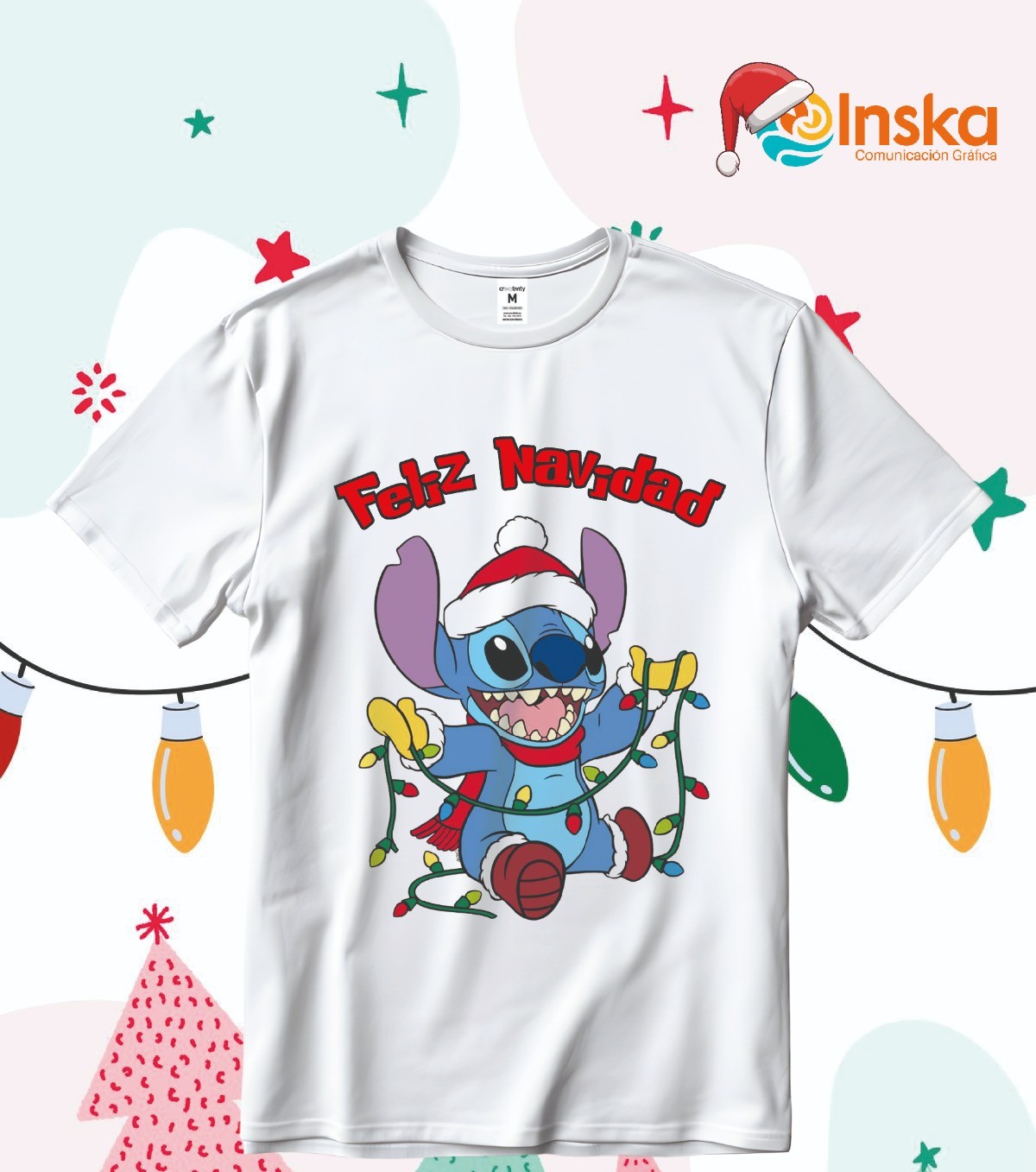 Playera Poliester Blanca Navideña Stitch